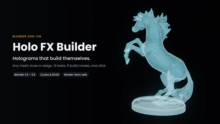 Holo FX Builder: a horse statue built as a cyan hologram